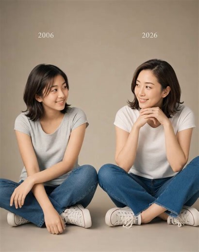 Copy the generated image and paste it into the Grok-Imagine chat.Select "Video," "480p=Free," "10s," and "2:3," then enter the prompt below.[Prompt]Use the attached image as the first frame of a realistic cinematic video.Keep the same two women, same faces, same identities, same clothing, same warm studio background, same lighting, and same composition.The younger woman on the left, representing herself 10 years ago, gently reaches toward the outside left edge of the frame and brings in a single