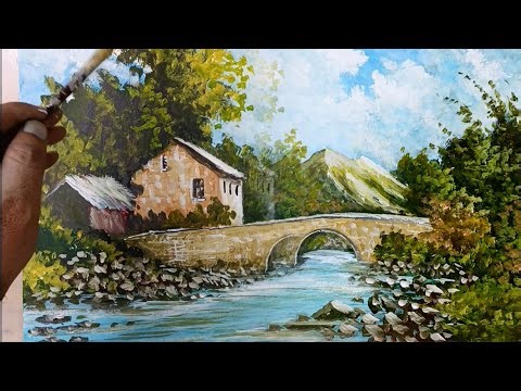How to draw houses, trees, and a bridge in a landscape for beginners, step by step
