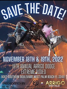 RODEO- Nov 18-19th @ the South Florida Fairgrounds. It’s the 18th Annual Arrigo Dodge Extreme Rodeo. Gates open at 6pm, Rodeo 8pm! Rain or Shine. Cash or Credit! $25 bucks GM, $50 VIP, Kids 5 & under FREE! 205 790-3452 #doublekrodeoproductions #westpalmbeachflorida #southflorida #southfloridafairgrounds #westpalmbeachrodeo #poweredbydoublekrodeo #doublekrodeo #arrigododge #bossladyrodeo #arrigododgewestpalm | Double K Rodeo Productions Randolph Al