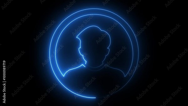 Bright neon blue people animation icon people communication human user head animated sign symbol on black background.
