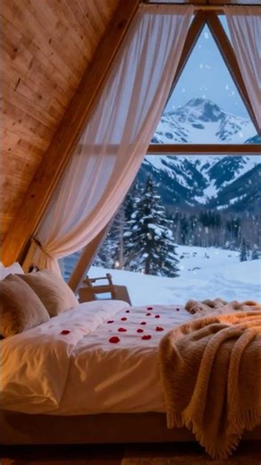 Cozy Romantic A-Frame Bedroom ❄️ Fireplace & Snowy Valley #shorts