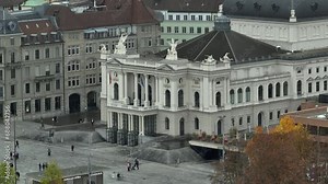 day time zurich city famous opera house exterior front square aerial panorama 4k switzerland