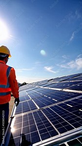 A solar panel array is shown in the sky with a blue background. The panels are arranged in a grid pattern and are angled to capture the sun's rays