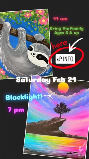 Saturday Feb 21 events! 11am Family event - ages 6 and up can paint 7pm Blacklight event Check it out here https://www.paintingwithatwist.com/studio/winter-haven/calendar/ | Painting with a Twist