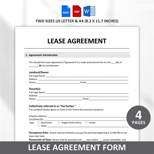 Rental Agreement Template, Editable Lease Contract, Landlord Forms, Residential Housing Agreement, Editable/printable Google Docs, Word PDF - Etsy