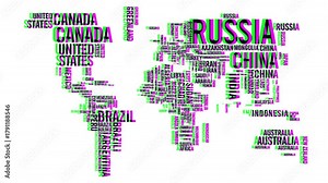 World map country names with distortions and glitch effects