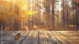 wooden board empty table blurred background. table for product display with sunlight in a forest. seamless looping overlay 4k virtual video animation background