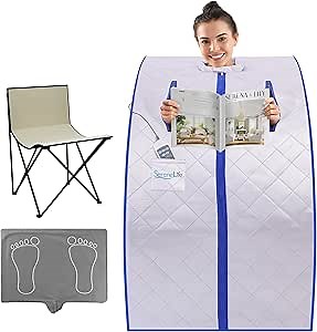 SereneLife Portable Sauna for Home, Infrared Sauna Tent with Heated Foot Pad and Folding Chair, Compact Personal Detox Sauna, Remote Control in-Home Spa, 40" x 33" - inch (Silver)
