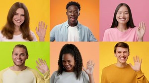 A lively collection of diverse individuals smiling and waving hello, showcasing positive emotions and friendly greetings. Each person expresses happiness against vibrant backgrounds.