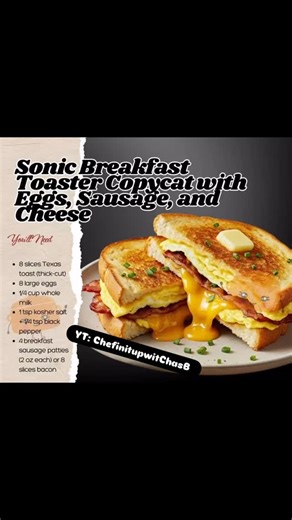 Breakfast Ideas 💡 Sonic Breakfast Toaster Copycat with Eggs, Sausage, and Cheese Ingredients * 8 slices Texas toast (thick-cut) * 8 large eggs * 1/4 cup whole milk * 1 tsp kosher salt 1/4 tsp black pepper * 4 breakfast sausage patties (2 oz each) or 8 slices bacon * 4-8 slices American cheese (1-2 per sandwich) *5 tbsp unsalted butter, divided (4 tbsp softened for bread 1 tbsp for eggs) * 1 tsp neutral oil (only if cooking sausage) * Hot sauce or ketchup (optional, for serving) Brioche French T