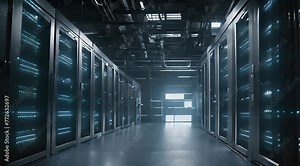 Row of servers in a warehouse. Data Center Server Rack Footage
