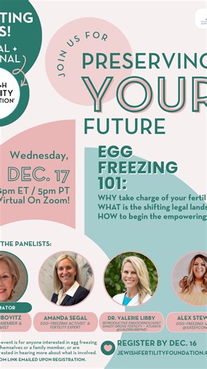 alex stewart on Instagram: "Join all of us experts and egg freezing veterans for a virtual webinar about preserving YOUR future with egg freezing on Wednesday, December 17th at 8pm ET! This is a 101 session that will be about the importance of taking charge of your fertility, the shifting legal landscape and how to start your own journey. Register via @jewishfertilityfoundation’s website. #eggfreezing #eggfreezingjourney #freewebinar #eggfreezingprocess"