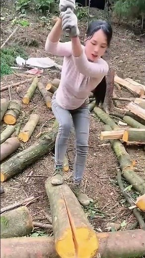 Splitting Large Tree Logs Using Axe for Firewood Preparation in Traditional Outdoor Wood Cutting