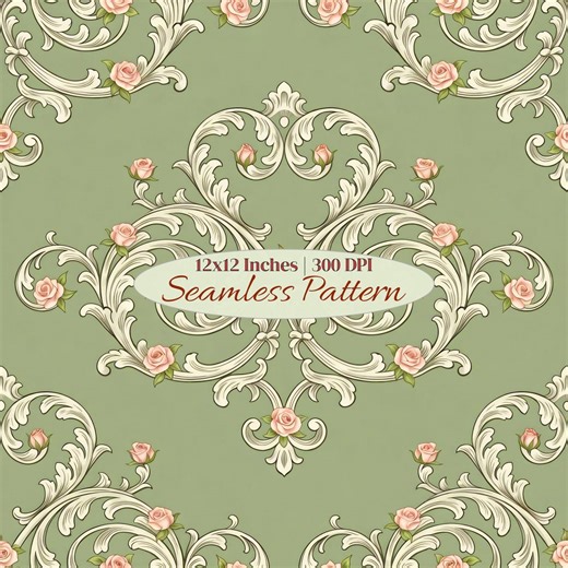 Vintage Floral Damask Seamless Pattern, Sage Green Rose Scroll Digital Paper, Classic Victorian Baroque Rococo Fabric Design, Commercial Use - Etsy