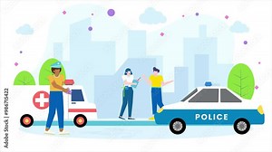 illustration of an emergency response scenario with police and ambulance services working together in a city environment animated video
