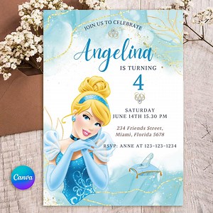 Princess Cinderella Birthday Digital Invitation Template for Girls, Cinderella Portrait Card, Canva Editable, Cinderella Party Invite - Etsy