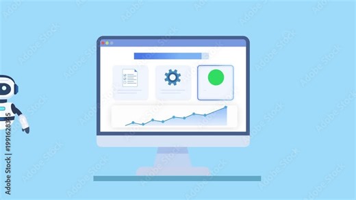 Animated video of a robot assistant beside a computer dashboard showing structured data list, system settings, and analytics, representing AI automation, data overview, and workflow organization.