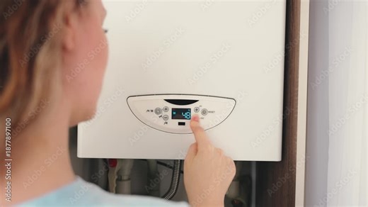 silhouette woman turning down heating to minimum in order to save on utility bills. boiler appliance, person hand finger pressing button control dial digital thermostat display to lowers temperature