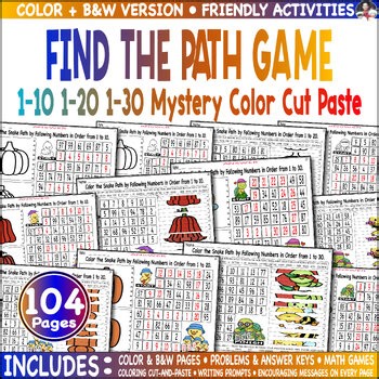 Friday Fun Primary 1-10 1-20 1-30 Mystery Picture Color Cut Paste Game Math Lab