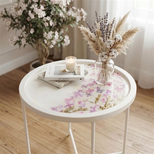 Floral Resin Side Table With Real Flowers | Handmade Botanical Accent Table | Romantic Cottagecore Home Decor - Etsy