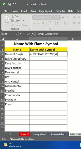Name with Flame Symbol Excel Trick Excel Hacks Excel Shorts #frientech #excel