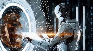 futuristic cyborg robot hands hold tablet with glowing white screen, to control virtual technology vault, with connect futuristic digital technology dots and lines