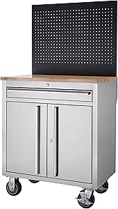 31-Inch Stainless Steel Rolling Workbench and Storage Cabinet with Pegboard, 31" x 20.6" x 60.5"