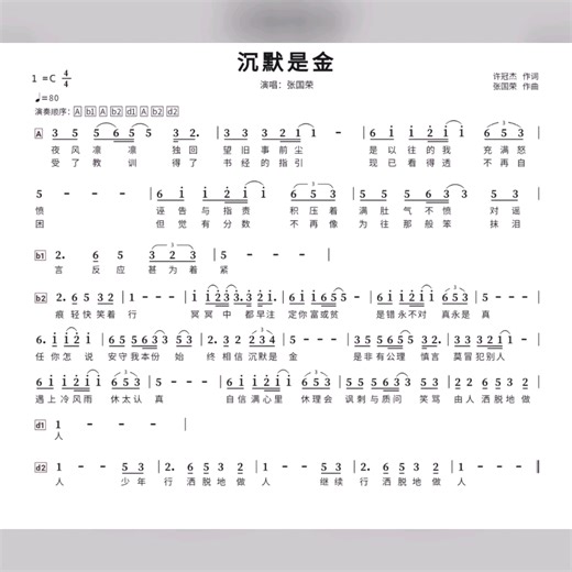 【沉默是金】（正常速率版）原调伴奏c调【固定谱】