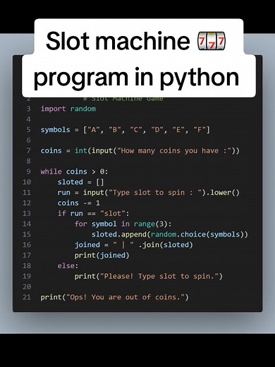 Slot machine 🎰 program in python. #coding #codeswiftz #python #tutorial #viral