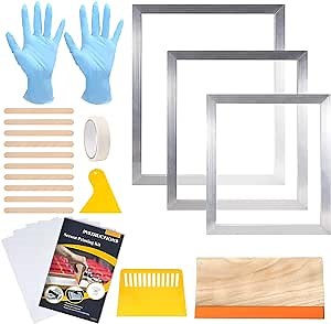 Caydo 24 Pieces Screen Printing Kit, Include 3 Sizes Aluminum Silk Screen Printing Frame, 5 PCS Inkjet Transparency Film, Screen Printing Squeegees, Instructions, Ink Knife, Gloves, and Mask Tape