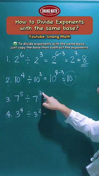 51K views · 2K reactions | How to divide exponents with same base? #exponents #mathtutor #math #mathematics #tutorial #mathtutorial #education #mathskills #mathhacks | Unang Math | Facebook