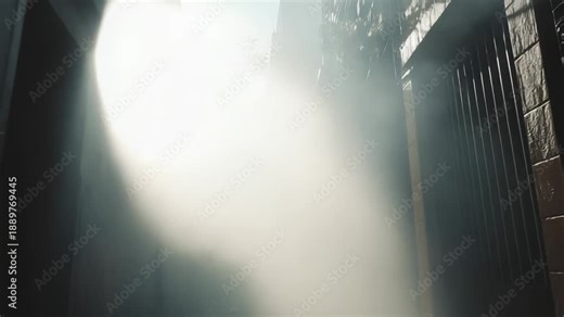 Narrow city alleyway experiencing a dense cloud of smoke or steam, filtering sunlight and creating dramatic light beams through the atmospheric haze and pollution, reflecting urban life challenges