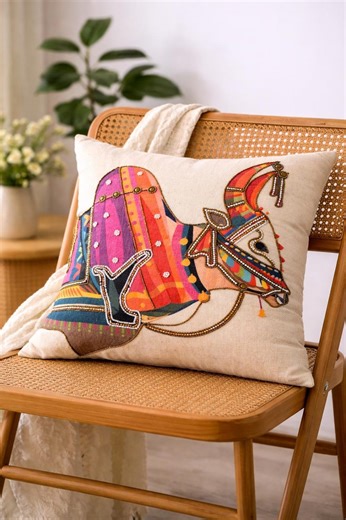 Embellished Cow Cushion Cover | 16x16 Boho Ethnic Indian Art Pillow - Etsy
