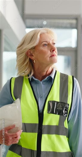 Walk, construction or woman with building inspection to monitor safety, renovation project or protocol. Site inspector, mature person and helmet for risk assessment and commercial development quality