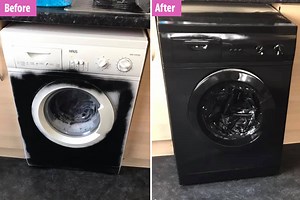 Woman transforms her tired looking washing machine with black spray paint