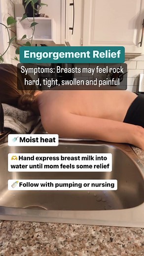 🛁Least painful way to soften breasts⬇️ Engorged breasts are painful!!! It’s very different than having full breasts. The tissues are swollen and the breasts can feel as hard as rocks!😰 🫶Softening the breasts makes pumping more comfortable and also easier for baby to latch. It also avoids breast trauma, such as broken capillaries. 🔥Submerge breasts in hot water🔥 ✨Not too hot✨ 💧Either have a bath or shower, or let your breasts dangle in a basin. Gently hand express breast milk until mom has 