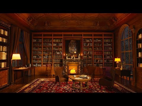 Relaxing Rain and Thunder in the Library at Night with Library Sounds and Crackling Fireplace