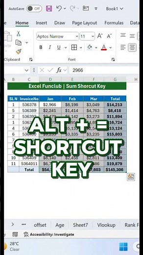 Excel Shortcut key Auto Sum #exceltips #exceltricks #explore