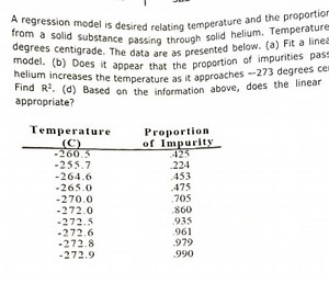 A regression model is desired relating temperature and the prop... | Filo