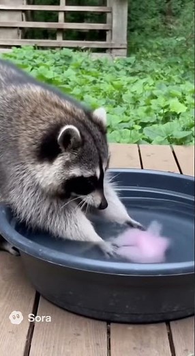 Raccoon tries to wash cotton candy — instant regret!