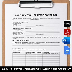 Tree Removal Contract Template Printable Tree Service Work Form Editable Contractor Contract Tree Trimming Service Contract Arborist - Etsy