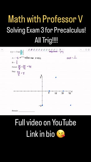 New video premiere!!! Solving a Precalculus Exam!!! All things trig—proofs, graphs, equations, and more! Need help with your math classes? Surface area, integration, and all other things Calculus related are explained on my youtube channel! New uploads daily, link in bio! Xoxo, Professor V #mathwithprofessorv #mathvideos #calculus3 #partialderivatives #partialderivative #integrals #integration #usubstitution #substitutionmethod #mathprofessor #youtuber #youtubemath #calculushelp #improperintegra