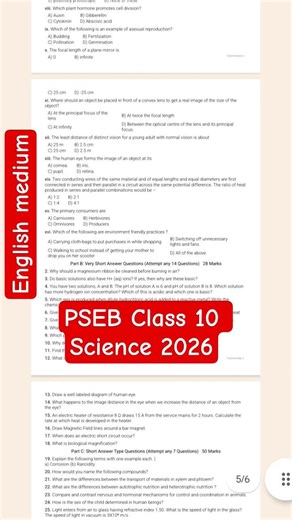 PSEB Class 10 th science English medium sample Paper pre-Board 2026