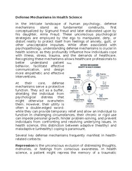 Defense Mechanisms in Health Worksheet for Sub-Plan or Classwork & Homework