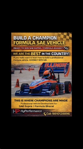 🏁 BUILD IT RIGHT. BUILD IT TO WIN. 🏁 SAE Supra India and Formula Bharat are not just competitions — they are real-world motorsport engineering platforms. If your goal is to truly learn how a professional Formula car is designed, manufactured, assembled, and tuned, then you need guidance beyond textbooks and YouTube. At Hyperformance Motorsports, we work closely with student racing teams across India to help them build competition-ready, professionally engineered Formula vehicles. What we offer