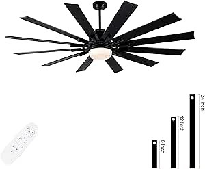 72 Inch Large Ceiling Fan with Light,12 Blades Reversible DC Ceiling Fan,6 Speeds Remote Control，Dimmable 3 Color Temperatures LED，Modern Black Ceiling Fans For Indoor or Covered Outdoor Use.