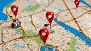 A detailed map featuring location pins indicating specific points of interest. Stock Video