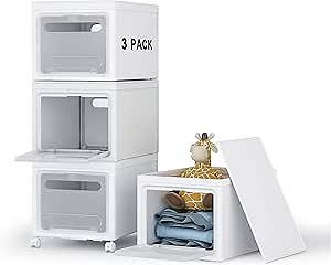 BOPRIO Stackable Storage Bins With Wheels Organizer Boxes Plastic Containers With Lids White