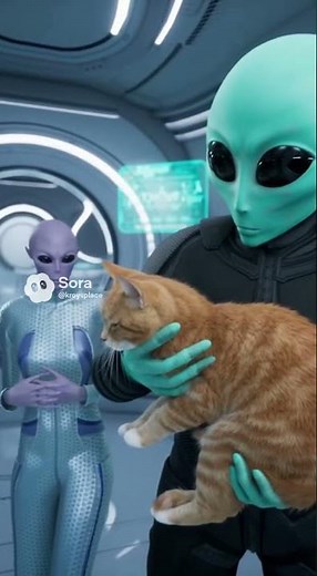 Alien picks up cat and cat starts purring.￼ ￼