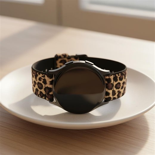Leopard Print Smartwatch Strap with Sleek Black Casing for Fashionable Fitness Lovers